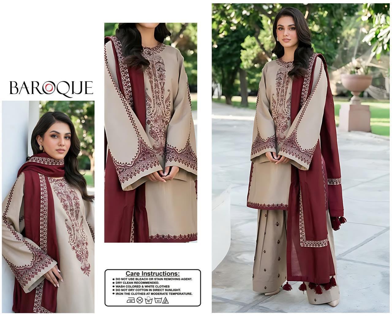 Baroque - 3PC (Unstitched) Full Embroidered Lawn Fabric